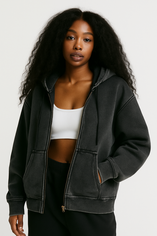 CORE: Vintage Washed Zip Hoodie in Black